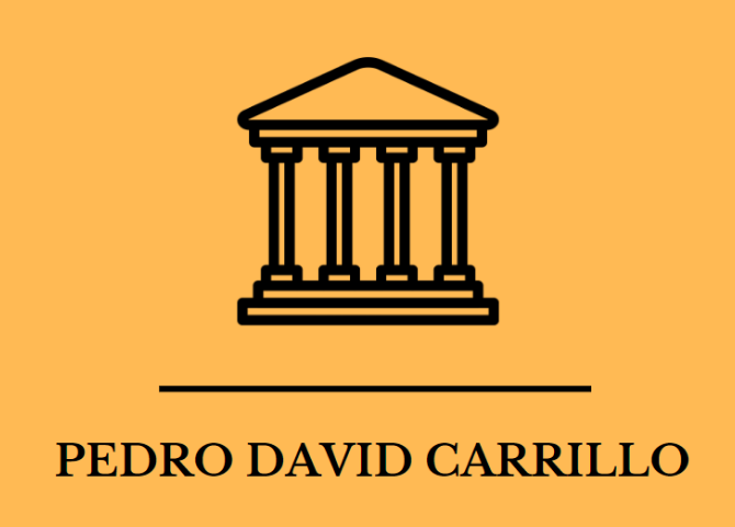 Logotipo de Pedro David Carrillo sobre fondo amarillo y con un edificio institucional o columnas de Panteón